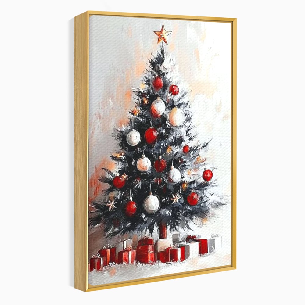 Tablou canvas cu tablou canvas cu brad de craciun pictat, in rama de aluminiu auriu